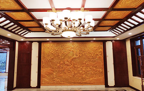 宝鸡中式别墅客厅中式木作横梁吊顶装饰展示